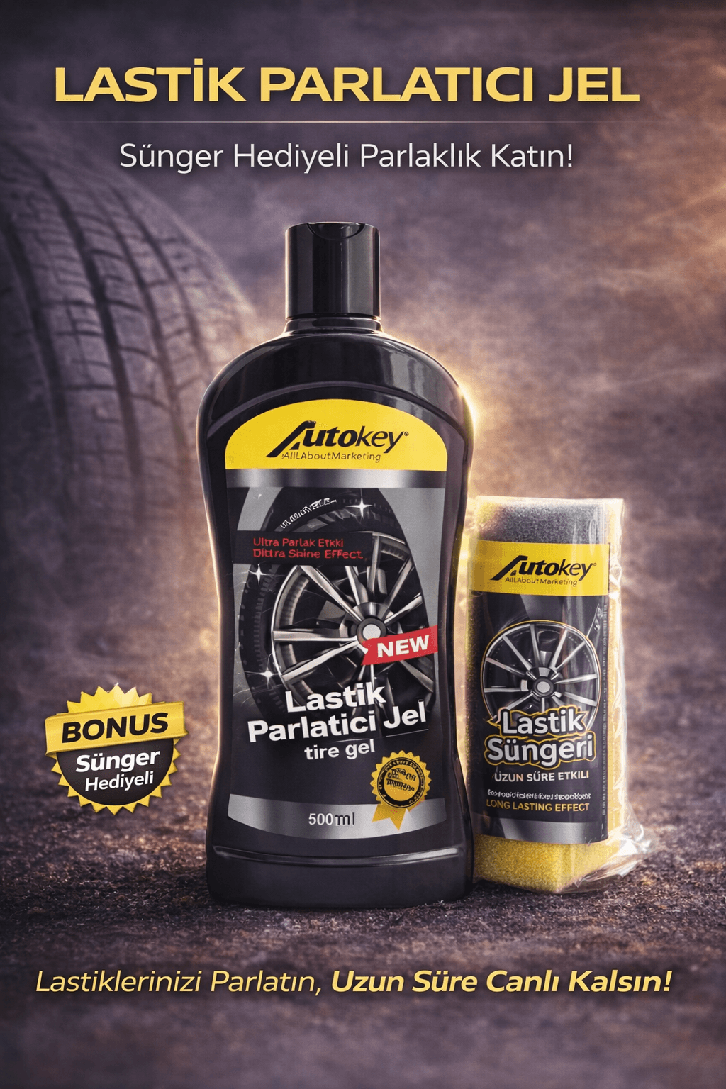 Lastik Parlatıcı Jel 500 ml + Uygulama Süngeri – Kalıcı Parlaklık ve Koruma