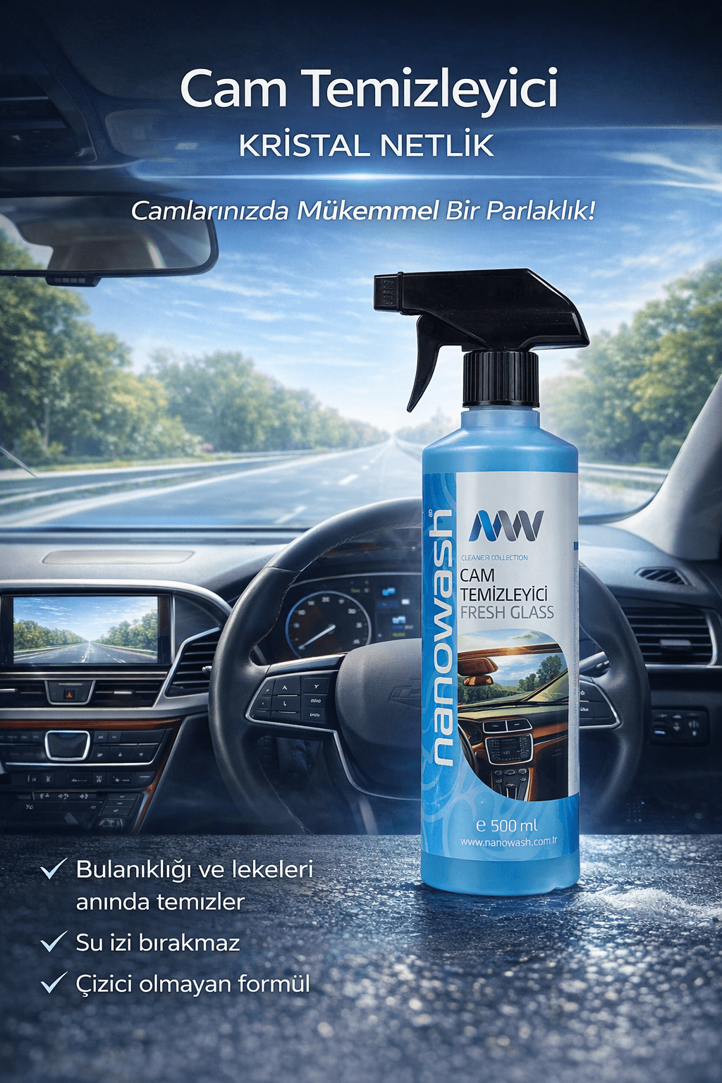 Cam Temizleyici 500 ml – İz Bırakmayan Oto Cam Temizleme Spreyi | Buğu ve Kir Çözücü