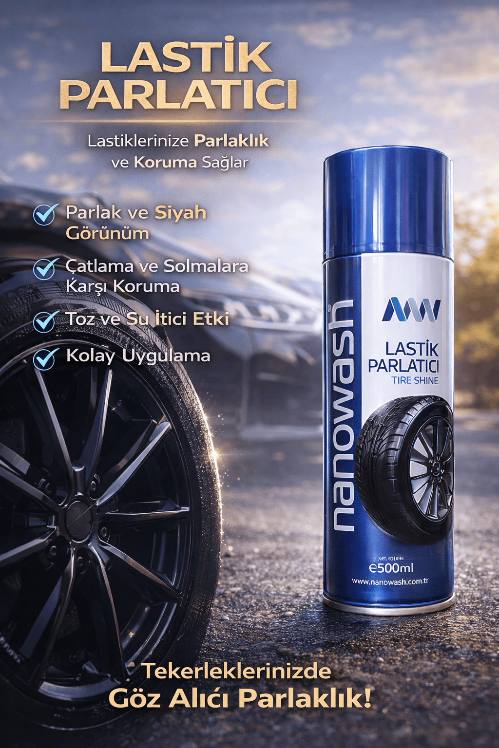 Aerosol Lastik Parlatıcı 500 ml – Derin Siyah ve Islak Görünüm